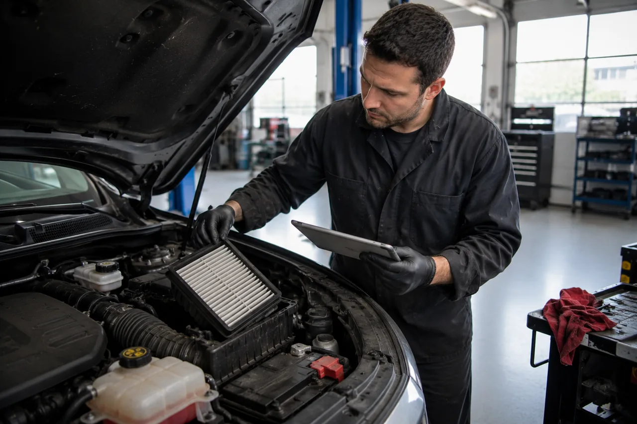 A Big O Tires Agassiz technician inspecting an engine bay